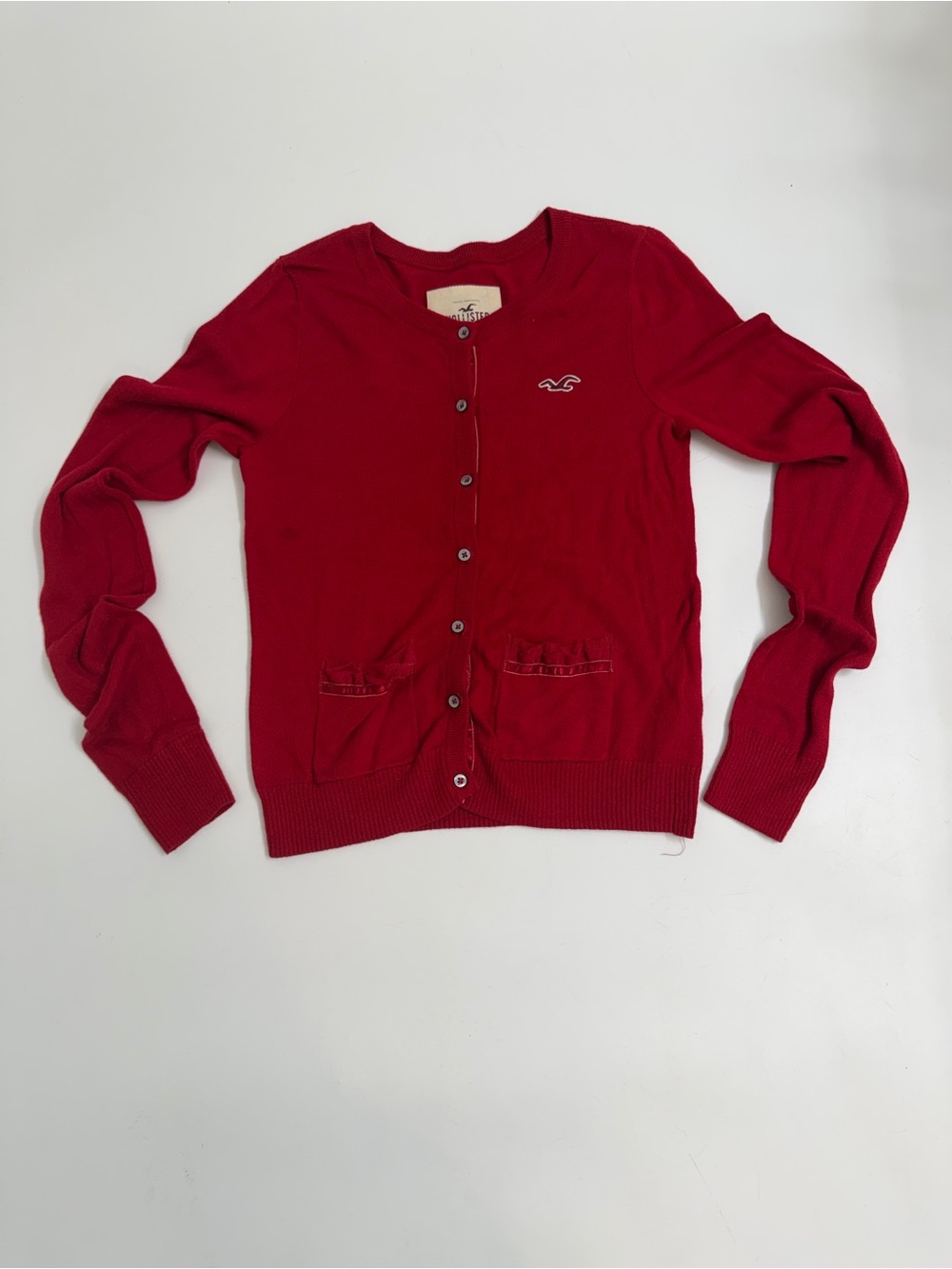 Y2K Style Hollister Red Ruffle Pocket Cardigan Sweater Logo Size M